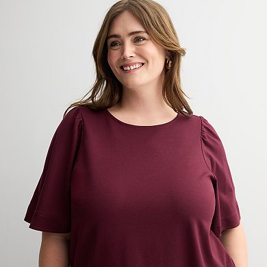 Plus Size Nine West Crewneck Tee with Ruching Flutter Sleeves