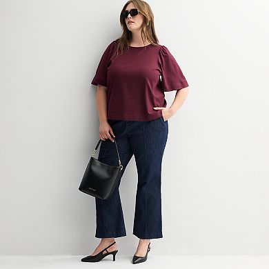 Plus Size Nine West Crewneck Tee with Ruching Flutter Sleeves