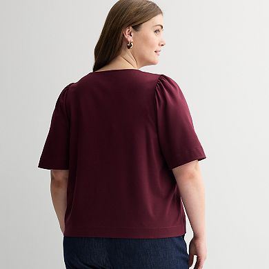 Plus Size Nine West Crewneck Tee with Ruching Flutter Sleeves