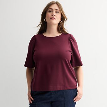 Plus Size Nine West Crewneck Tee with Ruching Flutter Sleeves