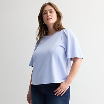 Plus Size Nine West Crewneck Tee with Ruching Flutter Sleeves