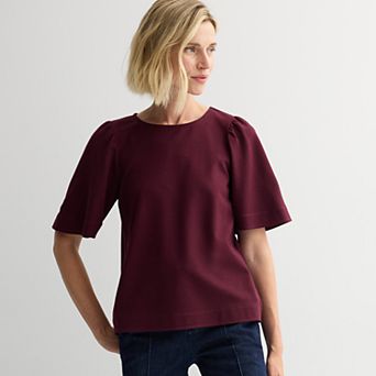 Petite Nine West Crewneck Tee with Ruching Flutter Sleeve Top
