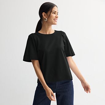 Petite Nine West Crewneck Tee with Ruching Flutter Sleeve Top