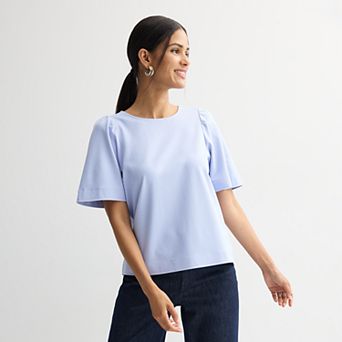 Petite Nine West Crewneck Tee with Ruching Flutter Sleeve Top
