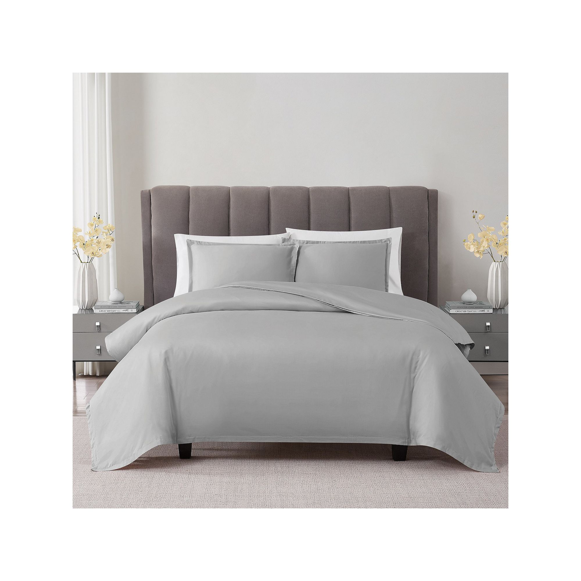 Badgley Mischka 3-Piece Cotton Sateen Solid Duvet Set, Gray