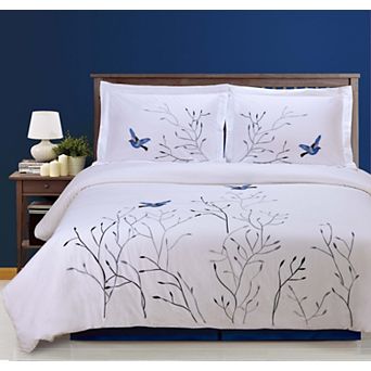 SUPERIOR Cotton Embroidered Tree With Birds Duvet Cover Set