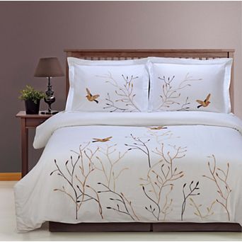 SUPERIOR Cotton Embroidered Tree With Birds Duvet Cover Set