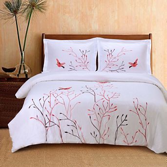 SUPERIOR Cotton Embroidered Tree With Birds Duvet Cover Set