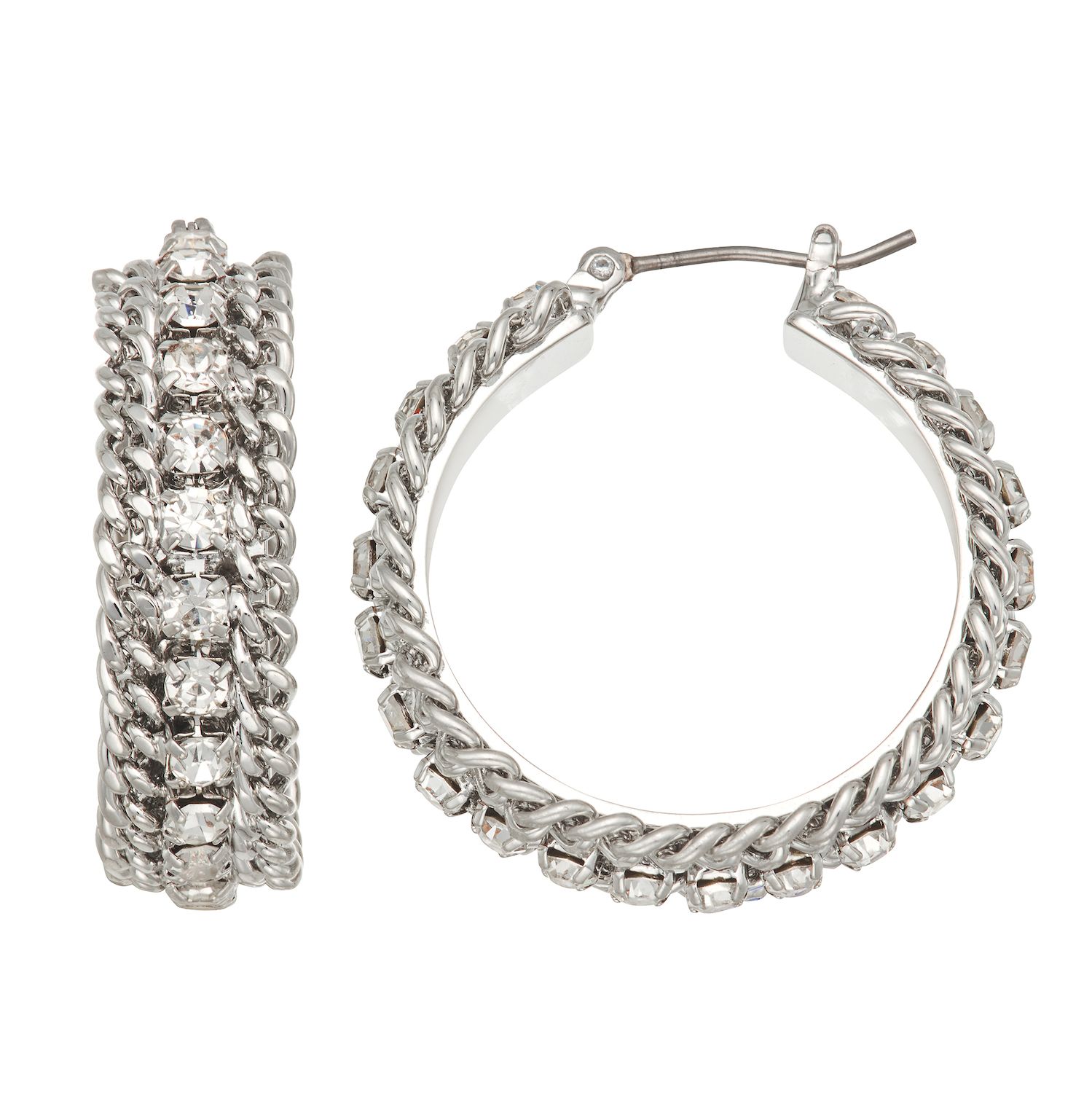 Simply Vera Vera Wang Silver Tone Simulated Stone Curb Chain Hoop Earrings - Clear
