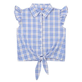 Girls Sleeveless Plaid Button Down Shirt Summer Crop Tops Tie Knot Ruffle Sleeve Shirt Blouse