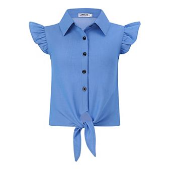 Girls Sleeveless Plaid Button Down Shirt Summer Crop Tops Tie Knot Ruffle Sleeve Shirt Blouse