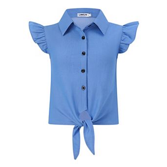 Girls Sleeveless Plaid Button Down Shirt Summer Crop Tops Tie Knot Ruffle Sleeve Shirt Blouse