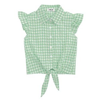Girls Sleeveless Plaid Button Down Shirt Summer Crop Tops Tie Knot Ruffle Sleeve Shirt Blouse