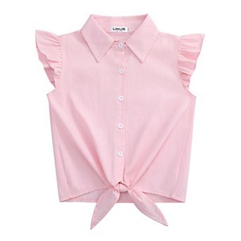 Girls Sleeveless Plaid Button Down Shirt Summer Crop Tops Tie Knot Ruffle Sleeve Shirt Blouse