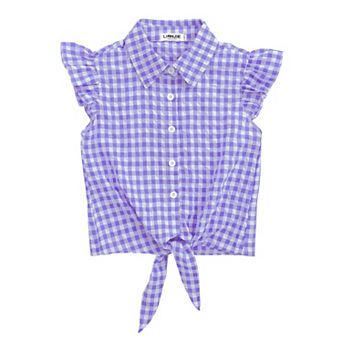 Girls Sleeveless Plaid Button Down Shirt Summer Crop Tops Tie Knot Ruffle Sleeve Shirt Blouse