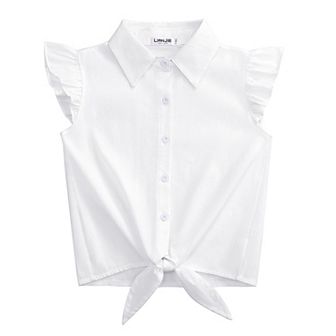 Girls Sleeveless Plaid Button Down Shirt Summer Crop Tops Tie Knot Ruffle Sleeve Shirt Blouse