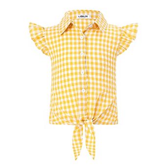 Girls Sleeveless Plaid Button Down Shirt Summer Crop Tops Tie Knot Ruffle Sleeve Shirt Blouse