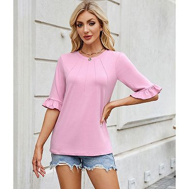 Womens 3/4 Length Sleeve Tops Loose Fit Casual Crew Neck Shirts Ruffle Tunic Blouses