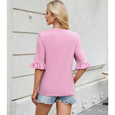 Womens 3/4 Length Sleeve Tops Loose Fit Casual Crew Neck Shirts Ruffle Tunic Blouses