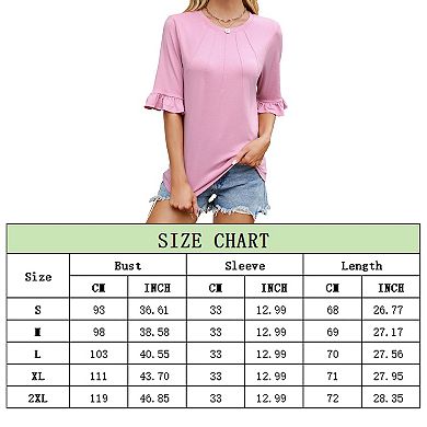 Womens 3/4 Length Sleeve Tops Loose Fit Casual Crew Neck Shirts Ruffle Tunic Blouses