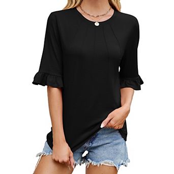 Womens 3/4 Length Sleeve Tops Loose Fit Casual Crew Neck Shirts Ruffle Tunic Blouses