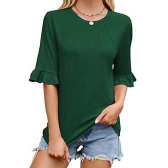 Womens 3/4 Length Sleeve Tops Loose Fit Casual Crew Neck Shirts Ruffle Tunic Blouses