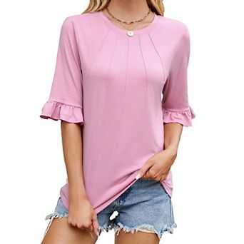 Womens 3/4 Length Sleeve Tops Loose Fit Casual Crew Neck Shirts Ruffle Tunic Blouses