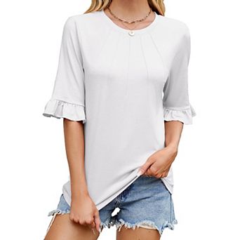 Womens 3/4 Length Sleeve Tops Loose Fit Casual Crew Neck Shirts Ruffle Tunic Blouses