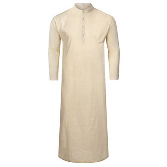 Men's Long Sleeve Kaftan Thobe Button Down Henley Robe Casual Side Split Gown Shirt