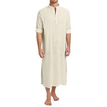 Men's Long Sleeve Kaftan Thobe Button Down Henley Robe Casual Side Split Gown Shirt
