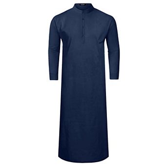 Men's Long Sleeve Kaftan Thobe Button Down Henley Robe Casual Side Split Gown Shirt