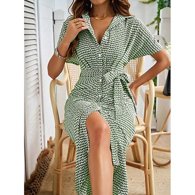 Women's Printed Button Down Collar Shirt Dress Short Sleeve Ruched Belted Midi Dress