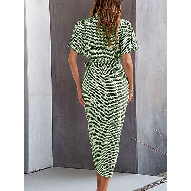 Women's Printed Button Down Collar Shirt Dress Short Sleeve Ruched Belted Midi Dress