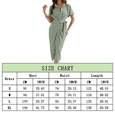 Women's Printed Button Down Collar Shirt Dress Short Sleeve Ruched Belted Midi Dress
