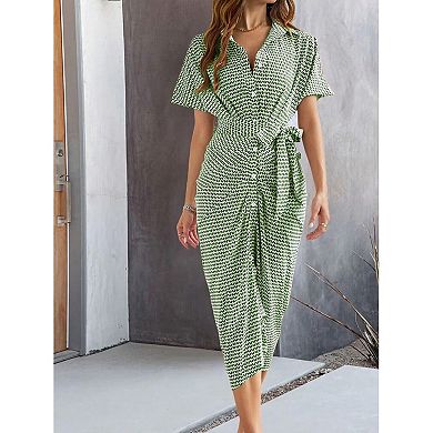 Women's Printed Button Down Collar Shirt Dress Short Sleeve Ruched Belted Midi Dress