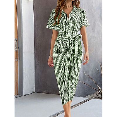 Women's Printed Button Down Collar Shirt Dress Short Sleeve Ruched Belted  Midi Dress