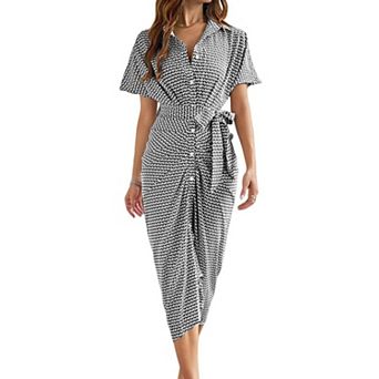 Women's Printed Button Down Collar Shirt Dress Short Sleeve Ruched Belted Midi Dress