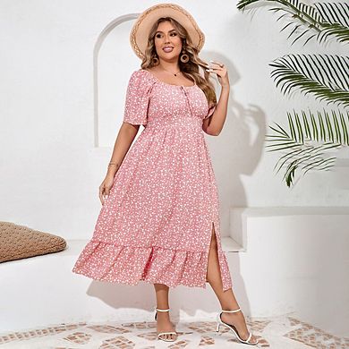 Womens Plus Size Square Neck Floral Print Dress Ruffle Sleeve Tie Front Slit Hem Boho Maxi Dress