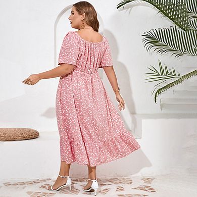 Womens Plus Size Square Neck Floral Print Dress Ruffle Sleeve Tie Front Slit Hem Boho Maxi Dress