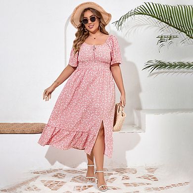 Womens Plus Size Square Neck Floral Print Dress Ruffle Sleeve Tie Front Slit Hem Boho Maxi Dress