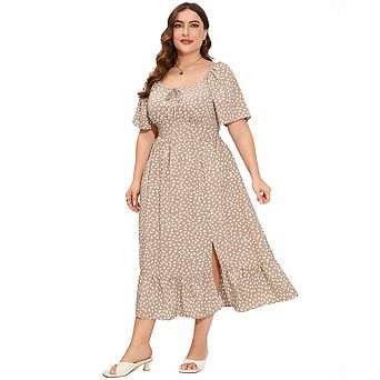Womens Plus Size Square Neck Floral Print Dress Ruffle Sleeve Tie Front Slit Hem Boho Maxi Dress
