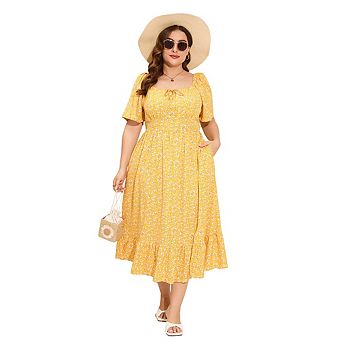 Womens Plus Size Square Neck Floral Print Dress Ruffle Sleeve Tie Front Slit Hem Boho Maxi Dress