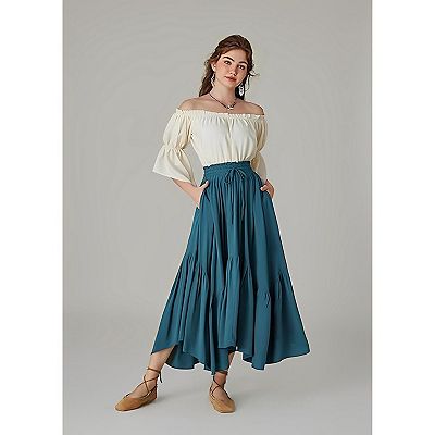 Women Layered Long Skirt High Waist Tiered Skirts Lace Up Irregular Ruffle Maxi  Skirts