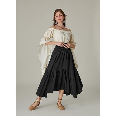 Women Layered Long Skirt High Waist Tiered Skirts Lace Up Irregular Ruffle Maxi Skirts