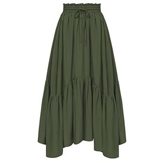 Women Layered Long Skirt High Waist Tiered Skirts Lace Up Irregular Ruffle Maxi Skirts