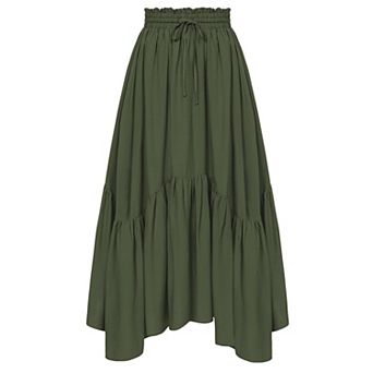 Women Layered Long Skirt High Waist Tiered Skirts Lace Up Irregular Ruffle Maxi Skirts
