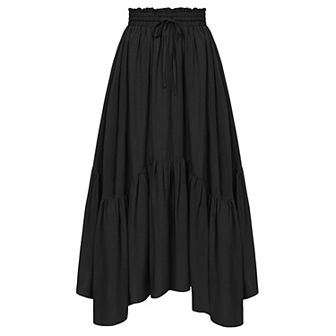 Women Layered Long Skirt High Waist Tiered Skirts Lace Up Irregular Ruffle Maxi Skirts