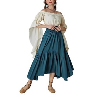 Women Layered Long Skirt High Waist Tiered Skirts Lace Up Irregular Ruffle Maxi Skirts