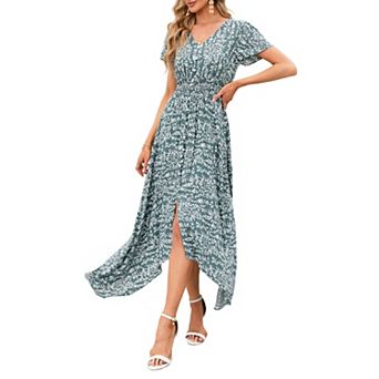 Women's Short Sleeve V Neck Floral Irregular Hem Mid Split Button Smocked Waist Swing Maxi Dress