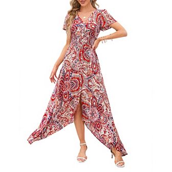 Women's Short Sleeve V Neck Floral Irregular Hem Mid Split Button Smocked Waist Swing Maxi Dress